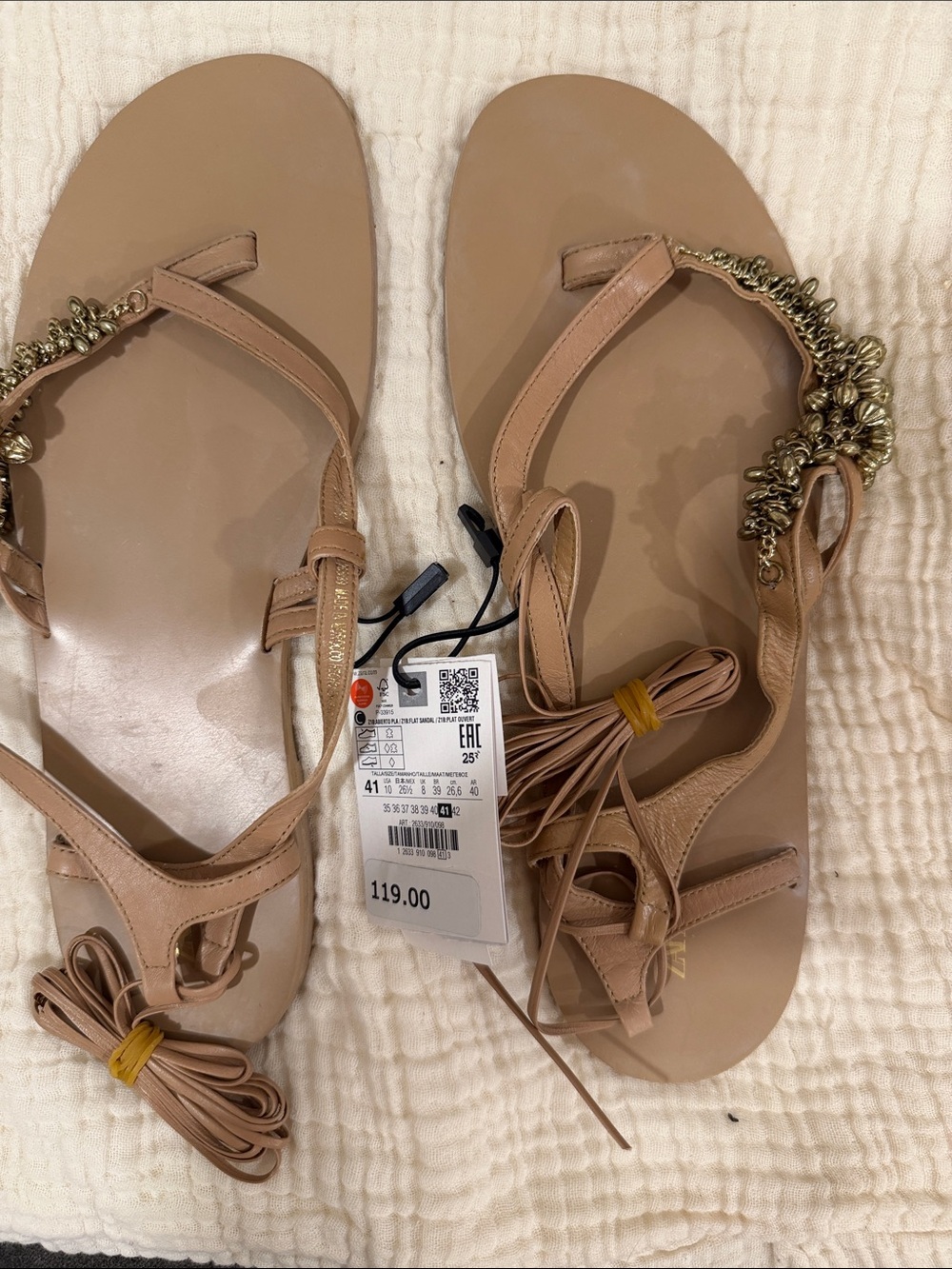 Zara Nude Tan Lace-Up Sandals with Gold Bead Embellishment